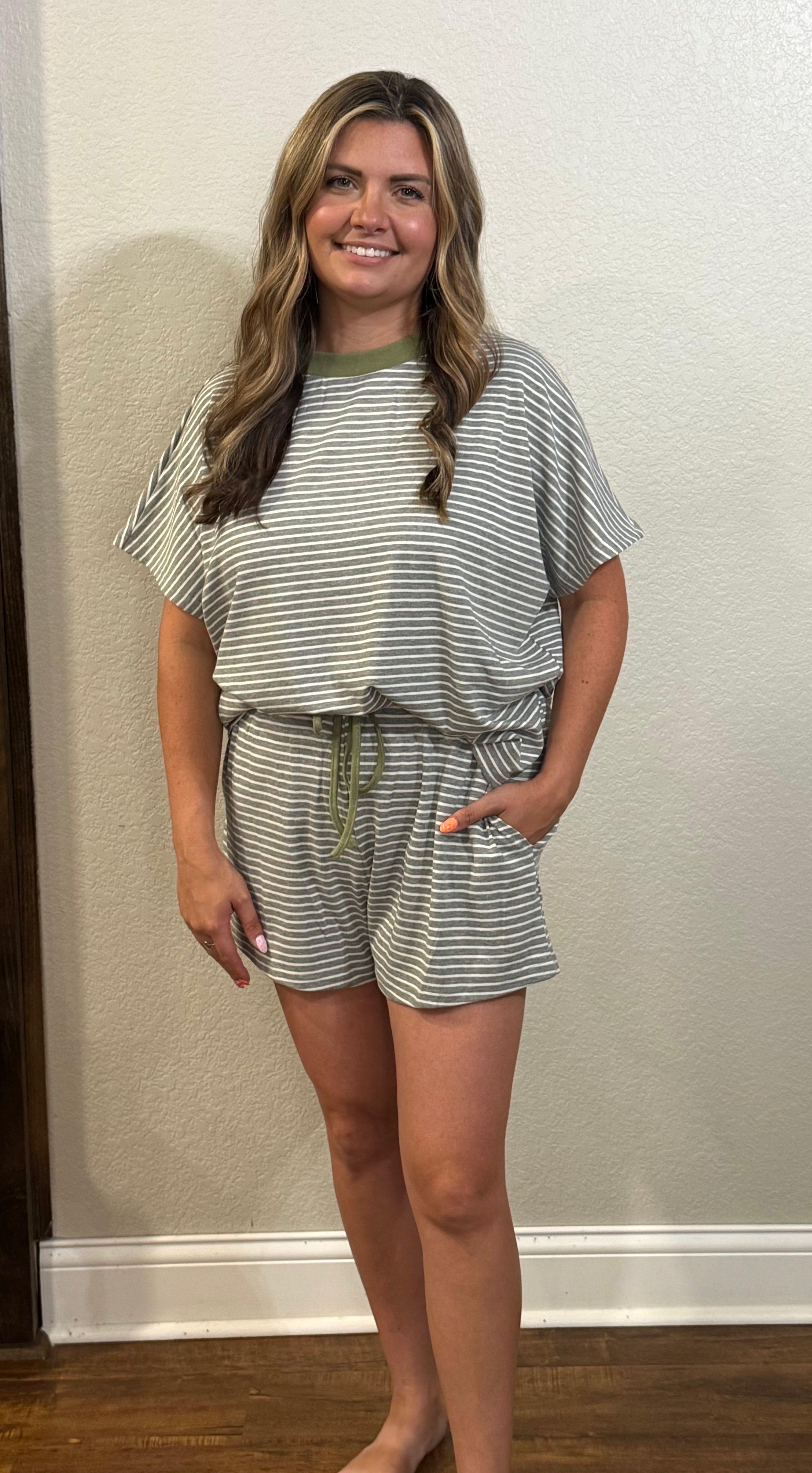 Loose Fit Striped Knit Top & Mini Shorts Set