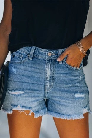High-Rise Ripped Stretch Denim Shorts
