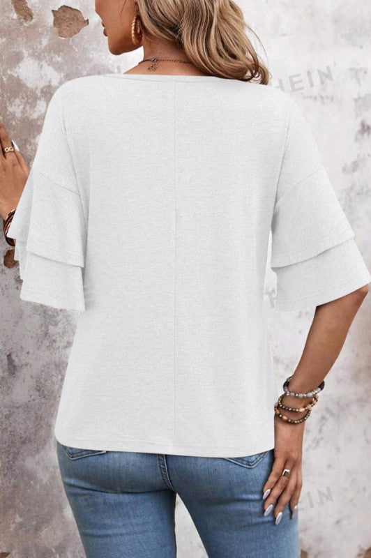 V Neck Ruffle Sleeve Knit Top