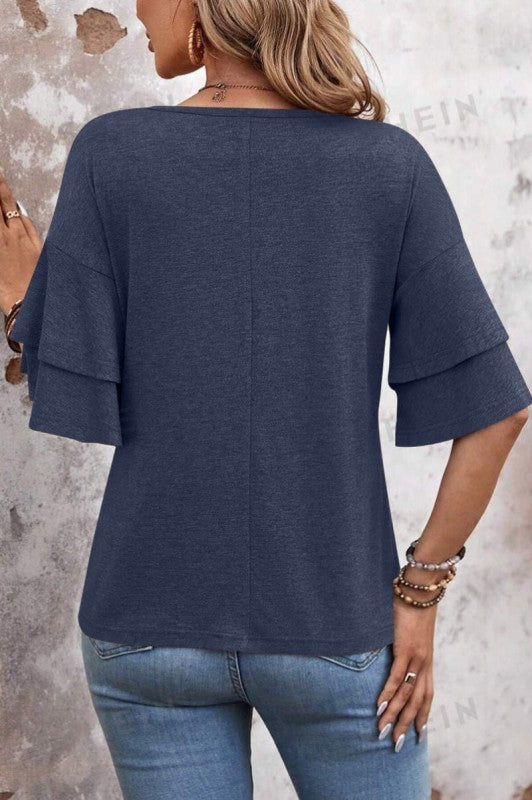 V Neck Ruffle Sleeve Knit Top