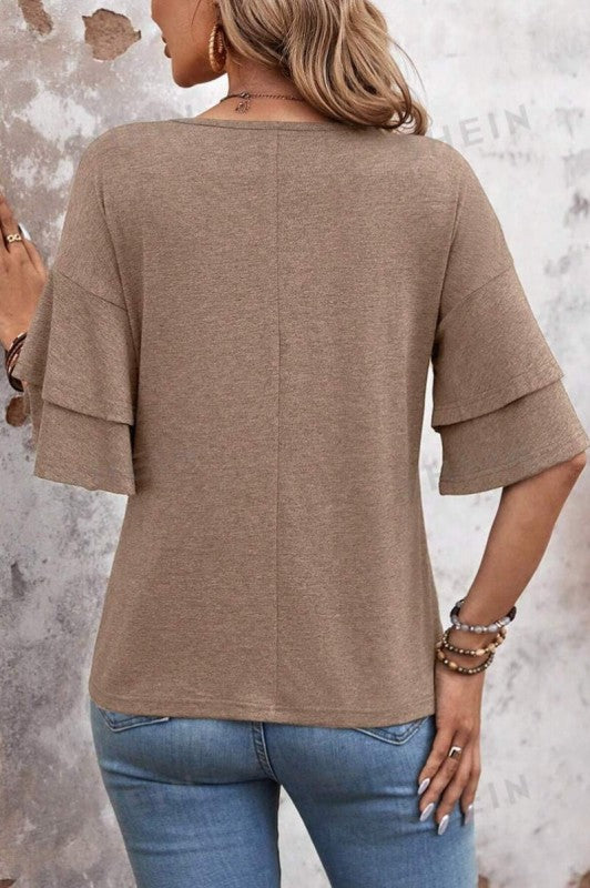 V Neck Ruffle Sleeve Knit Top