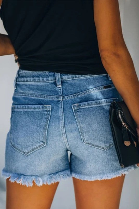 High-Rise Ripped Stretch Denim Shorts
