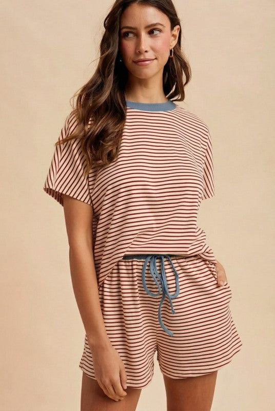 Loose Fit Striped Knit Top & Mini Shorts Set