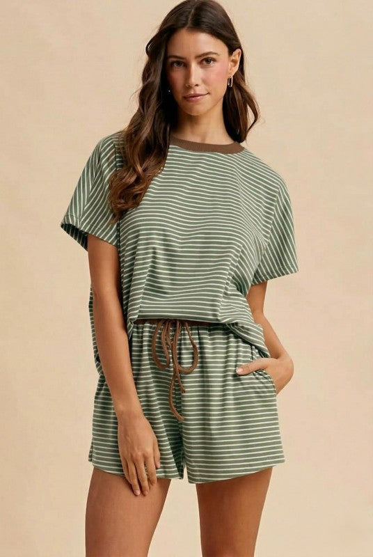 Loose Fit Striped Knit Top & Mini Shorts Set