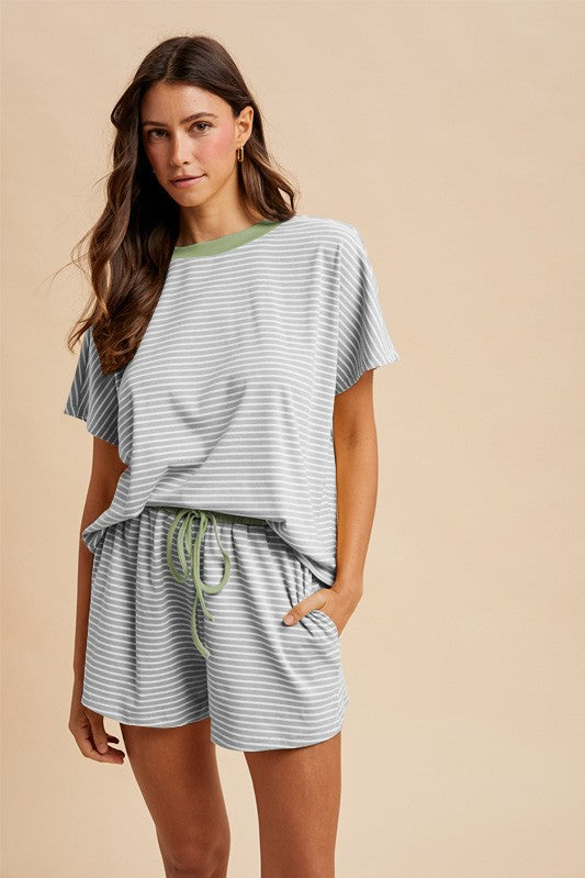 Loose Fit Striped Knit Top & Mini Shorts Set