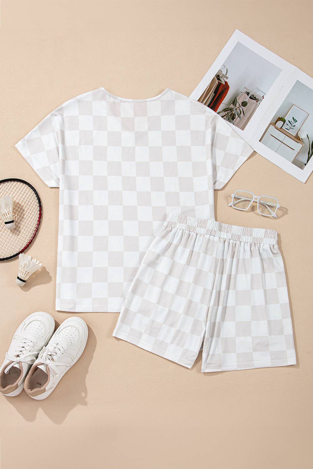 Checkered V Neck Tee Drawstring Shorts Lounge Set (S-XL)