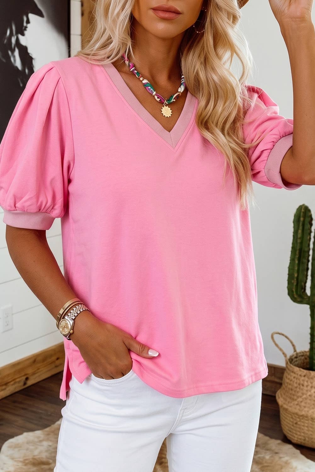 Full size Summer Solid Color V Neck Puff Sleeve Blouse