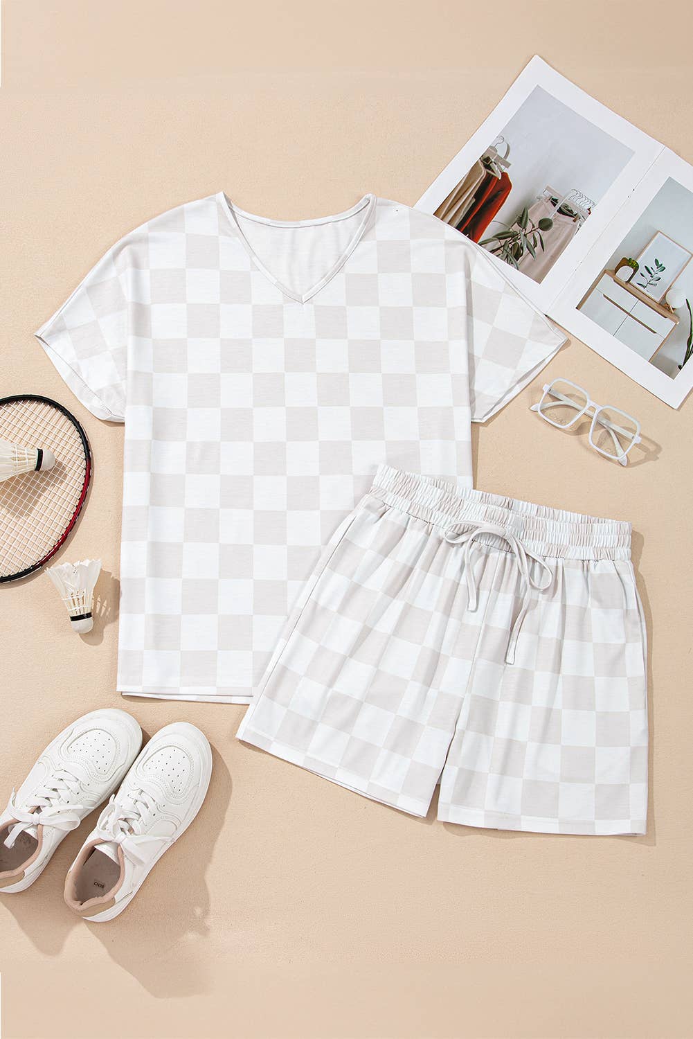 Checkered V Neck Tee Drawstring Shorts Lounge Set (S-XL)